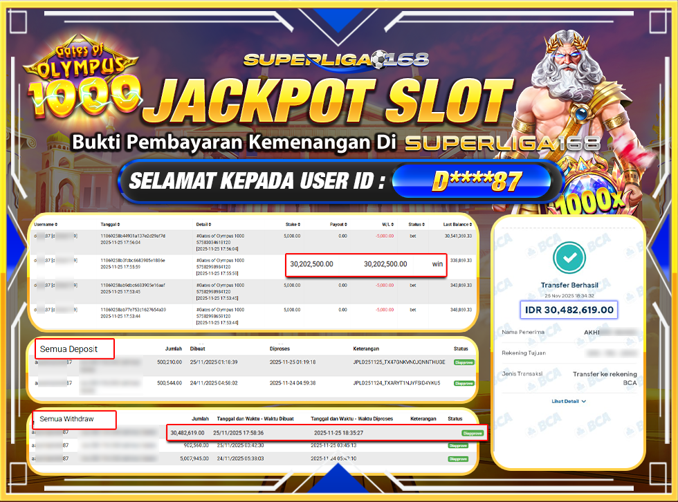 SUPERLIGA168 JACKPOT GATES OF OLYMPUS 1000 RP.30,482,619-LUNAS